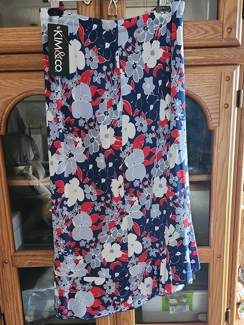 Navy Floral Midi Skirt with Red and White Bloom Print